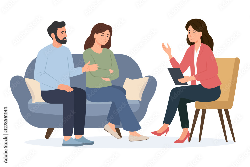 Fototapeta premium Psychotherapy. Family psychologist speaking with couple , family psychiatry concept.Marriage crisis, conflict, relationship problem. Vector illustration