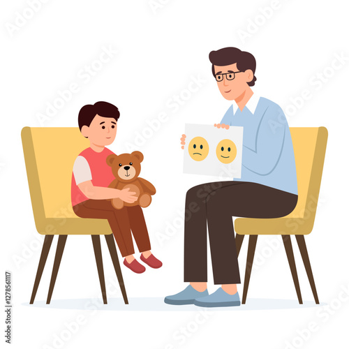 Psychology consultation. Child psychologist showing pictures.Family psychotherapy session for children with mental problems.Vector Illustration