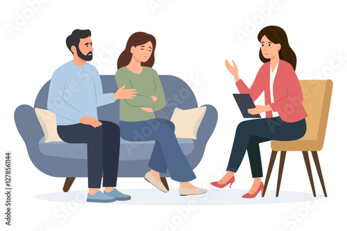 Psychotherapy. Family psychologist speaking with couple , family psychiatry concept.Marriage crisis, conflict, relationship problem.  Vector illustration