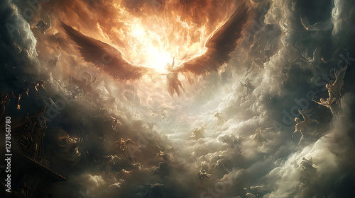 In the vast expanse of heaven, Satan, surrounded by an army of fallen angels, launches a violent attack. His wings spread wide as he brandishes a dark, jagged sword, aiming at the divine presence 