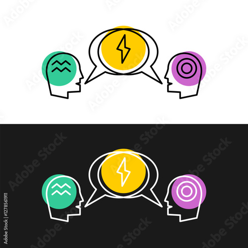 Speech bubbles with lightning sign and human heads with different point of view on black and white backgrounds. Conflict of two speaking people line style illustration. Editable stroke.