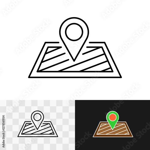 Area or territory line icon. Square region with hatching and geolocation pin pint marker. Ground field site sign. GPS location of place map symbol. Editable stroke.