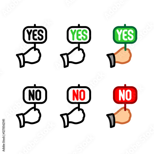 Yes and no line style judge reaction plates in a hand icons. Reaction symbols agree or disagree set. Editable stroke.