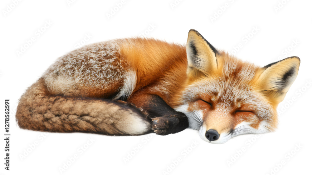 Fototapeta premium Studio shot featuring a red fox sleeping peacefully, curled up on a transparent background, embodying tranquility and serene beauty