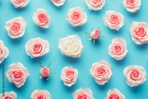 Pink and white roses on a turquoise background.