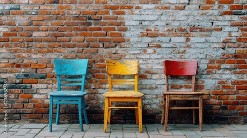 A rustic 4K shot of old wooden chairs, each uniquely distressed and painted in faded hues, placed against a weathered brick wall, leaving open space for a message
