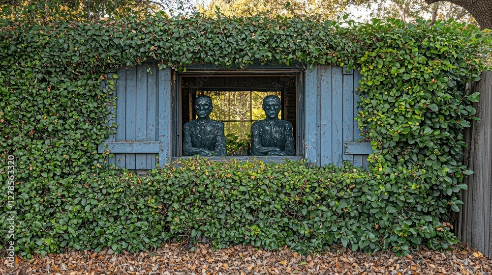 Serene Garden Statues: Two figures gazing from a window nestled in lush greenery, creating a tranquil and contemplative scene. Serene Garden Statues: Two figures gazing from a window nestled in lush greenery, creating a tranquil and contemplative scene.