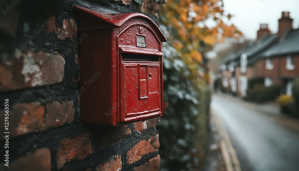 Red Postbox on Brick Wall, Autumnal Village Scene Red Postbox on Brick Wall, Autumnal Village Scene