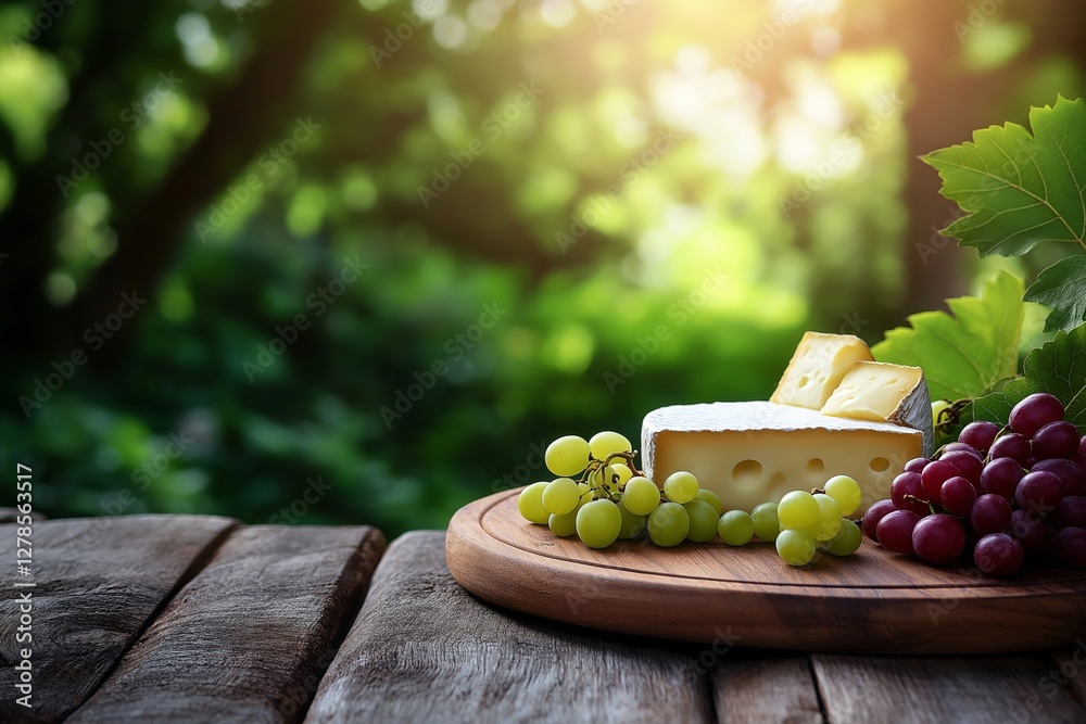 A rustic wooden table with a cheese platter, fresh red and green grapes, and soft cheese, set outdoors in warm sunlight with a blurred green forest background, perfect for branding or text placement A rustic wooden table with a cheese platter, fresh red and green grapes, and soft cheese, set outdoors in warm sunlight with a blurred green forest background, perfect for branding or text placement