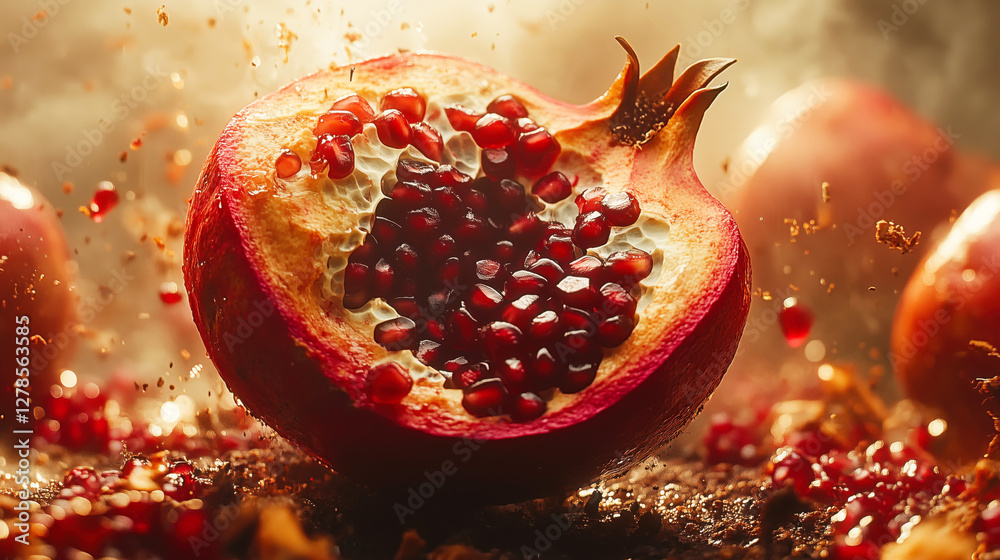 Ripe pomegranate exploding with juicy seeds and splashing red juice Ripe pomegranate exploding with juicy seeds and splashing red juice