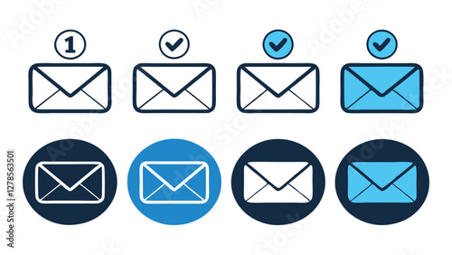 Hand-Drawn Email Icon Set with Notification and Read Status in Blue and Dark Theme