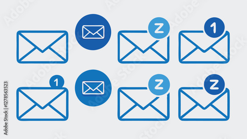 Hand-Drawn Email Icon Set with Notification and Read Status in Blue and Dark Theme