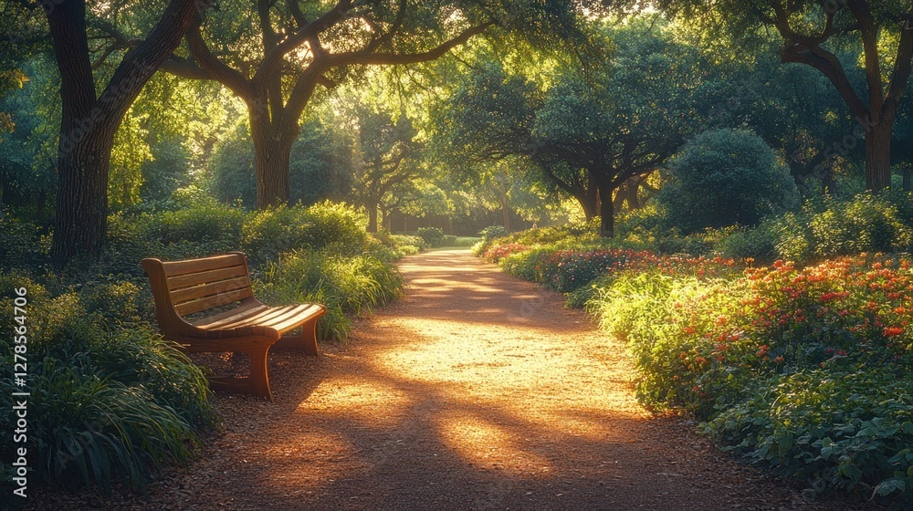 Obraz premium Sunny park path with bench, sunlight through trees, tranquil scene