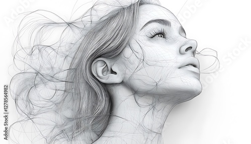 Black and White Artistic Drawing of a Woman with Flowing Hair and Delicate Features

