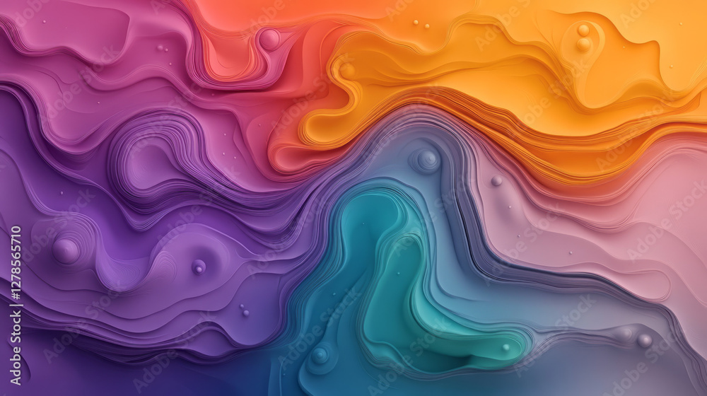 Fototapeta premium Glossy, molten shapes where bright spectral colors collide, forming vibrant marbled layers in a