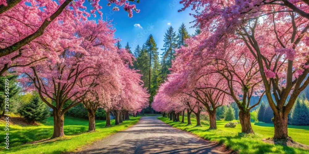 Naklejka premium Vibrant pink cherry blossoms cascade down a serene forest path surrounded by towering evergreen trees and lush greenery under a clear blue sky, pink blossoms, colorful blooms