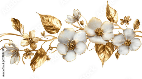 Elegant seamless border adorned with delicate white flowers and shimmering gold leaves, adding luxury to designs on a transparent background
