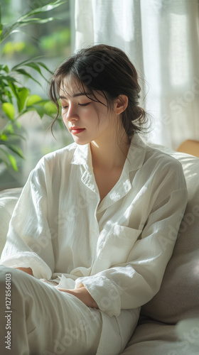 Young Asian woman 20s sitting on sofa by window, resting eyes closed long hair, white shirt natural light on face, plants green environment outside