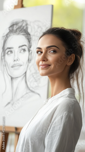 Young woman 30s Mediterranean olive skin long dark hair white shirt posing in home art studio beside self portrait pencil sketch, creativity drawing teaching concept