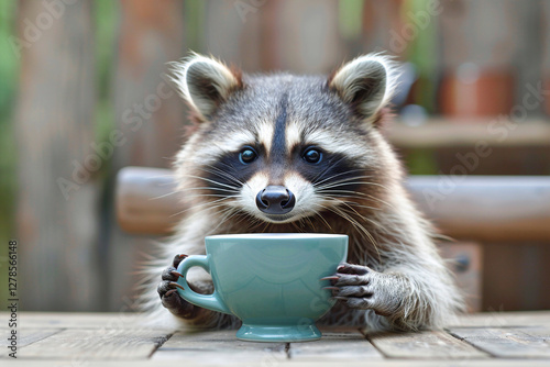 Adorable raccoon holding a cup, savoring a relaxing drink in a natural autumn setting.