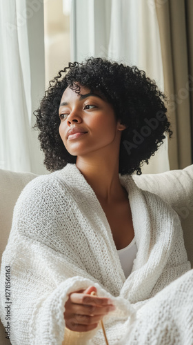 Young black woman 20s sitting sofa home window light, curly hair, wearing fashionable simple white cosy knitwear cardigan, warm comfort happy lifestyle