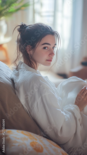 Young woman in bed 20s long messy hair, resting after late night party Sunday morning recovery relaxation, window light streaming into bedroom.