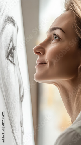 Female artist woman 30s blonde hair close up beside pencil sketch self portrait home studio, art lessons teacher concept hobby passion skill