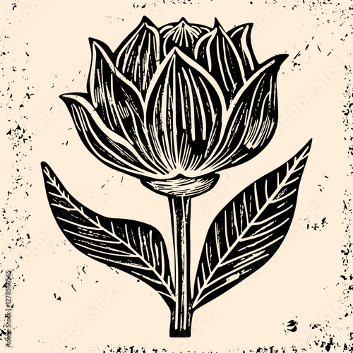 Flowers linocut vector illustration with grunge texture. Monochrome linear woodcut illustration