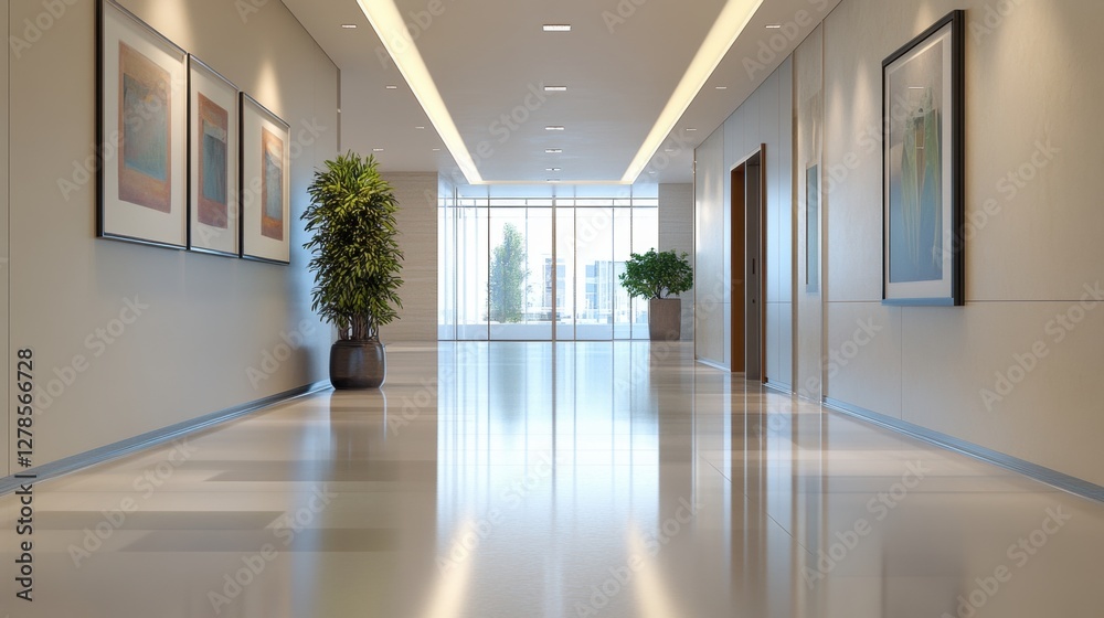 Fototapeta premium Modern Office Corridor with Natural Light and Elegant Decor