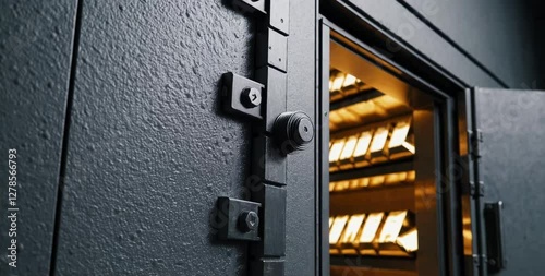 Secure bank vault with open door revealing gold bars inside, copy space, video