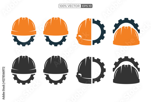 Set of helmet and gear icons. Workwear, helmet construction and cogwheel. Safety and protection, Construction helmet vector logo