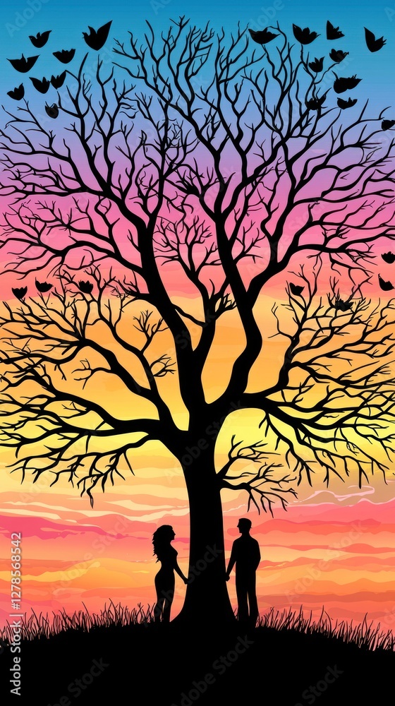 Silhouettes of lovers under colorful tree, sunset background. Possible use Romantic stock image