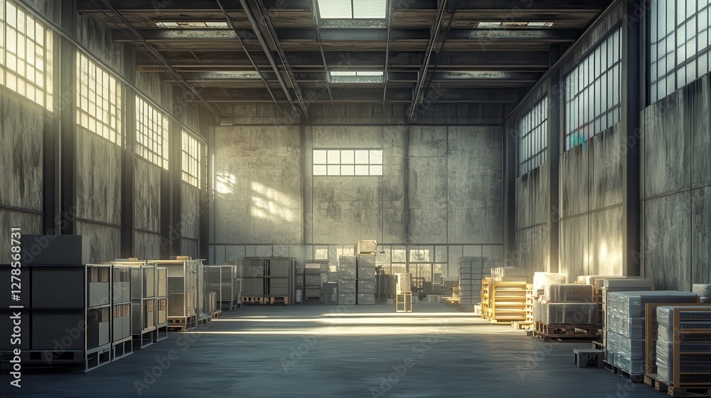 A spacious, illuminated warehouse with wooden pallets and large windows, featuring a rustic industrial design and minimalistic decor. A spacious, illuminated warehouse with wooden pallets and large windows, featuring a rustic industrial design and minimalistic decor.