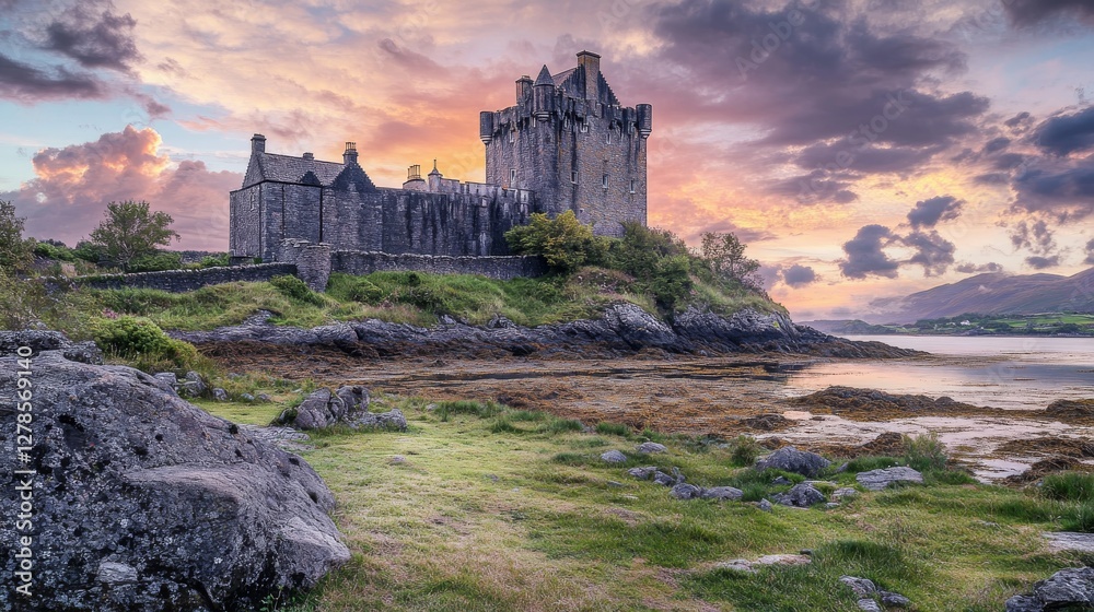 Fototapeta premium Photograph of an elaborate stone castle with tall towers on the shore, with a sunset in the background, surrounded by lush green grass and trees, located in Ireland. 