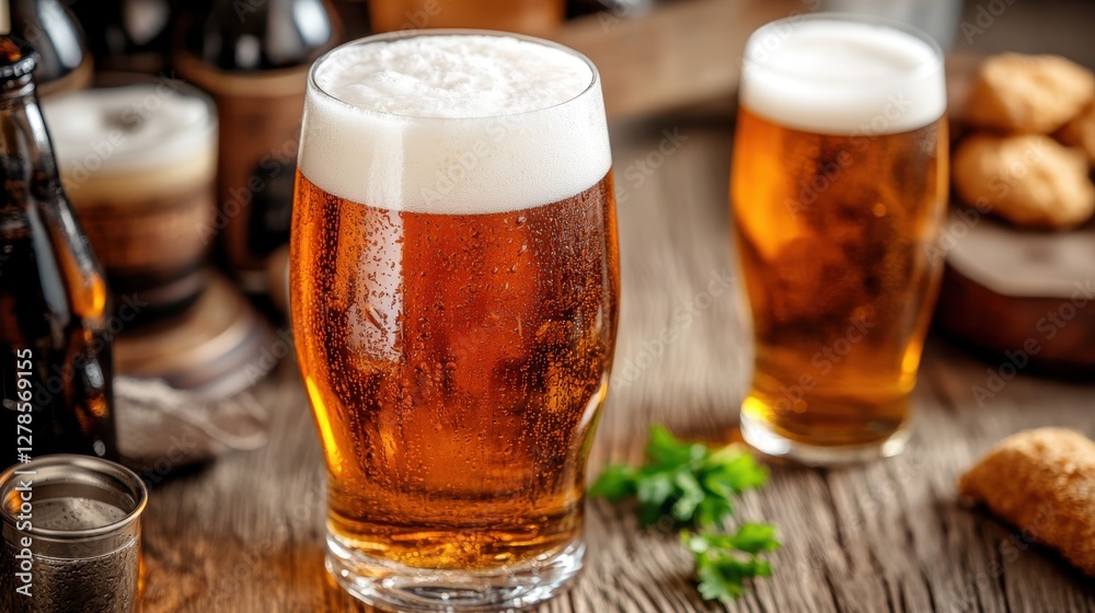 Craft light beer served cold on a rustic wooden table with snacks Craft light beer served cold on a rustic wooden table with snacks