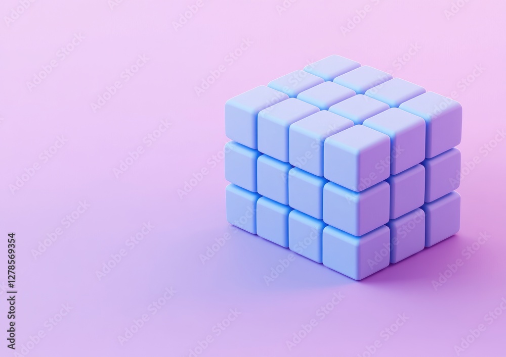 Pastel blue cube composed of smaller cubes on pink background. Pastel blue cube composed of smaller cubes on pink background.