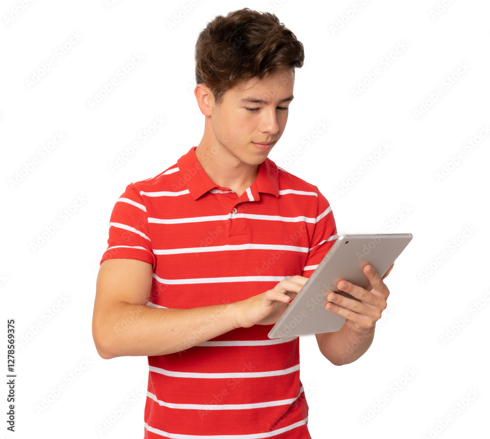 portrait of a young man holding a digital tablet over a transparent background. PNG transparent portrait of a young man holding a digital tablet over a transparent background. PNG transparent