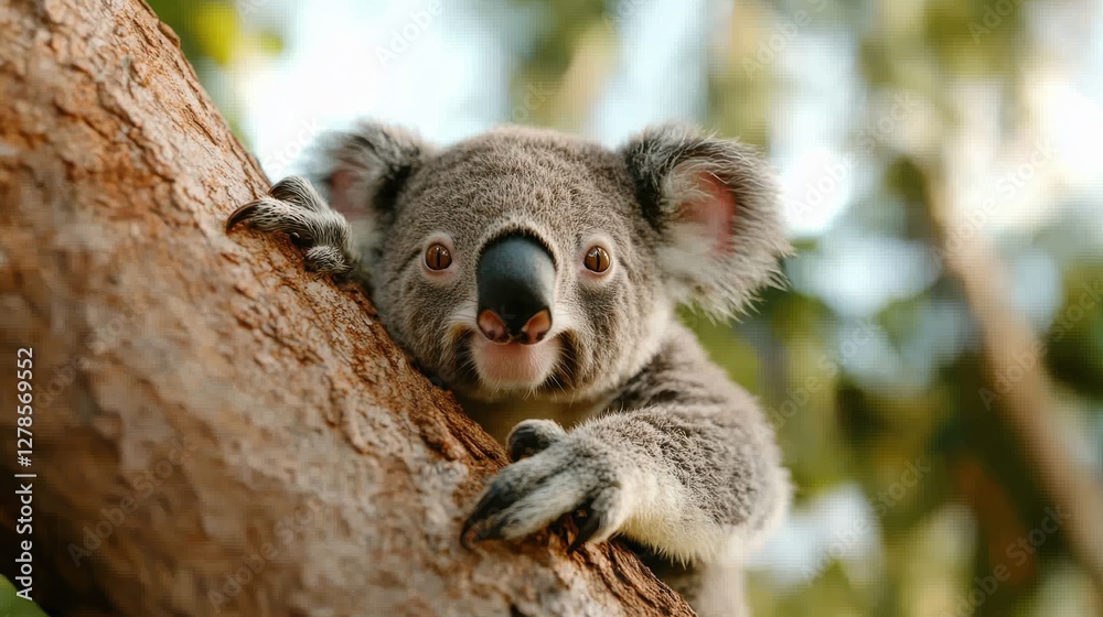 Naklejka premium Koala climbing a tree in the serene forest during golden hour