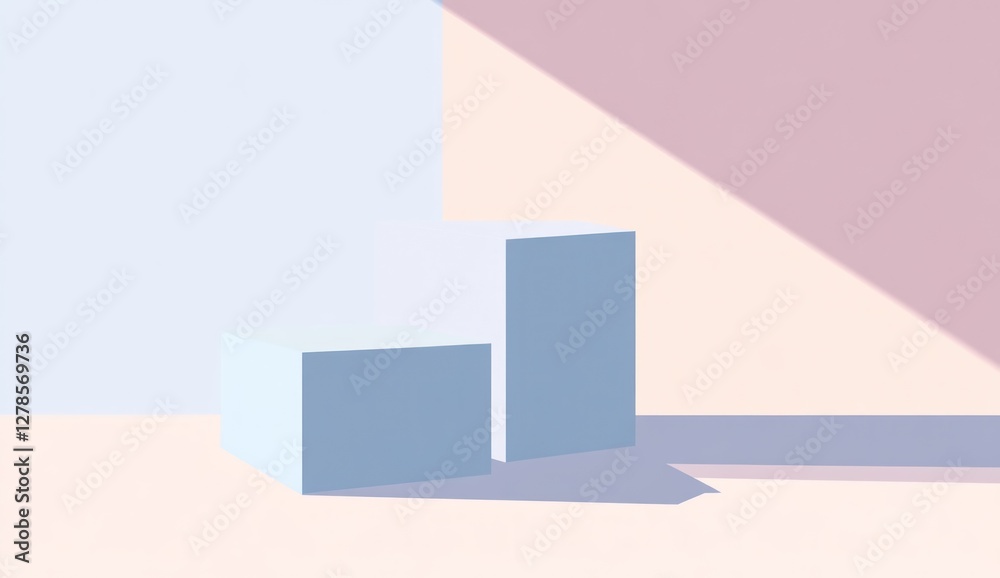 Pastel colored geometric display podiums with shadows.