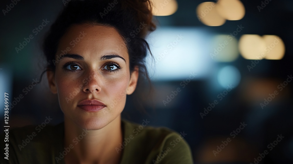 Intense gaze of a determined woman amidst the soft bokeh lights of the office Intense gaze of a determined woman amidst the soft bokeh lights of the office