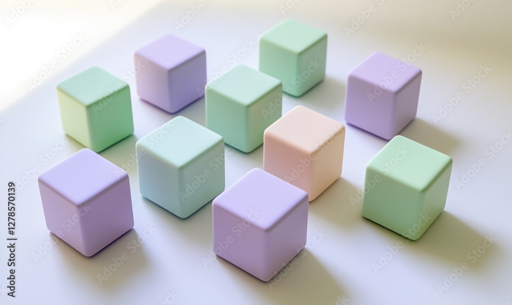 Fototapeta premium Pastel cubes arranged in a grid pattern on a white background.