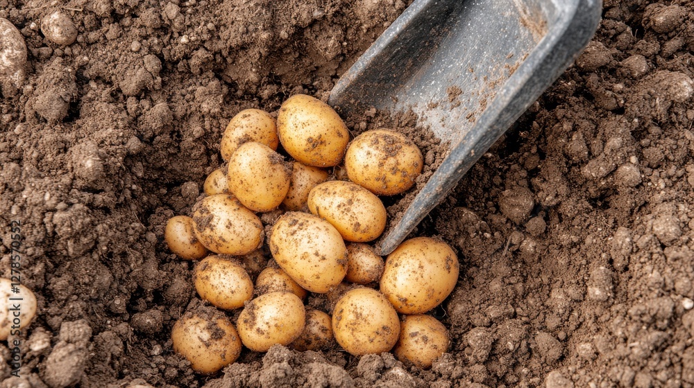 Harvesting fresh yellow potatoes from rich, fertile soil in autumn Harvesting fresh yellow potatoes from rich, fertile soil in autumn