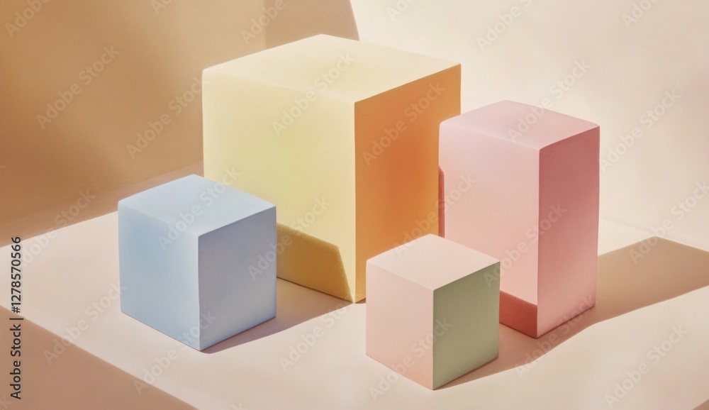 Fototapeta premium Pastel cubes arranged on a beige background.
