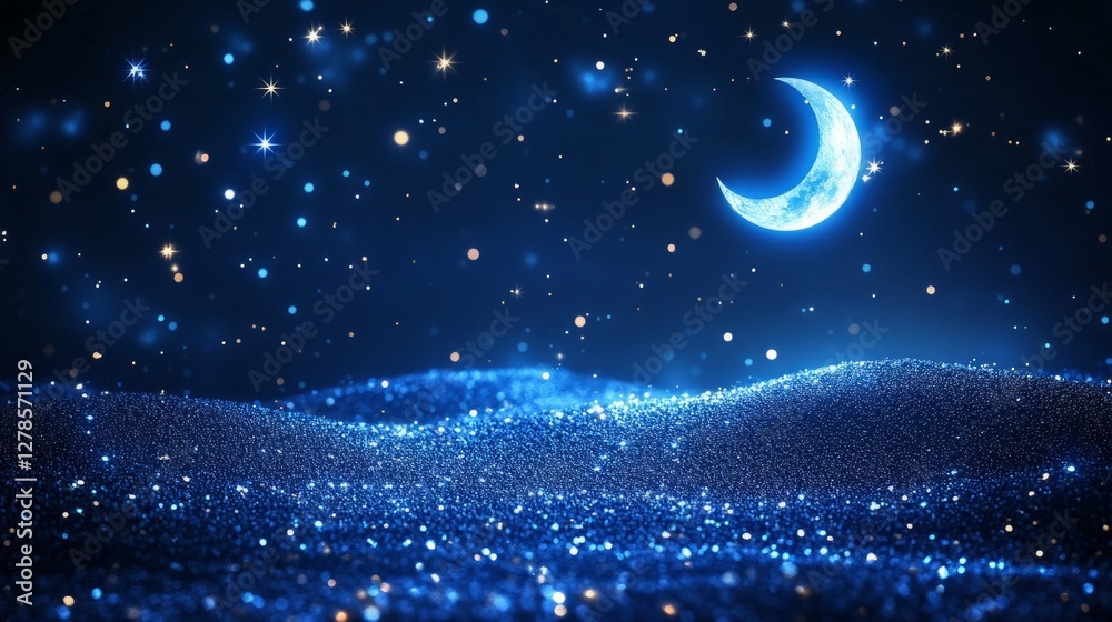 Naklejka premium Sparkling Blue Night Sky with Crescent Moon and Stars