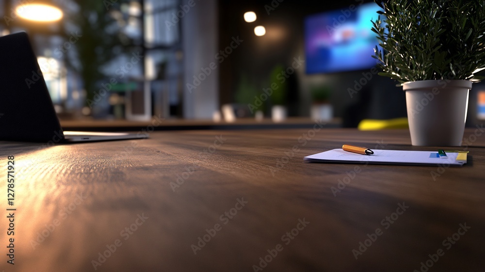 Modern workplace ambiance with laptop, plant and notes on conference table Modern workplace ambiance with laptop, plant and notes on conference table