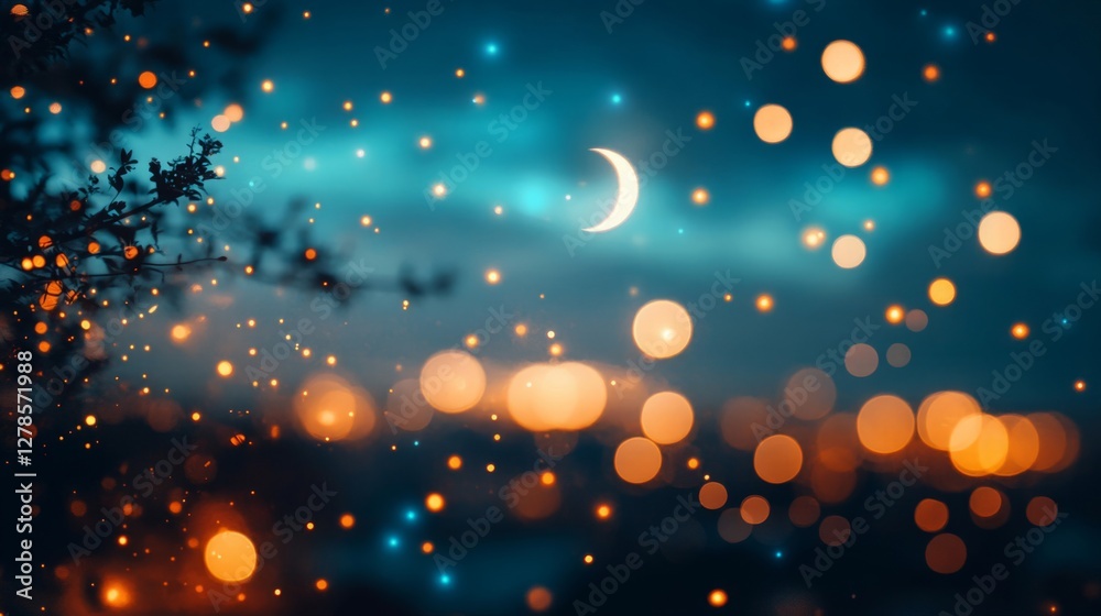 Obraz premium Magical Night Sky with Crescent Moon and Sparkling Lights