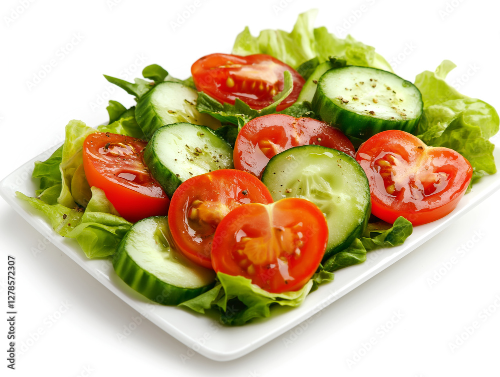 Fresh vegetable salad with sliced tomatoes, cucumbers, and lettuce on a white plate Fresh vegetable salad with sliced tomatoes, cucumbers, and lettuce on a white plate