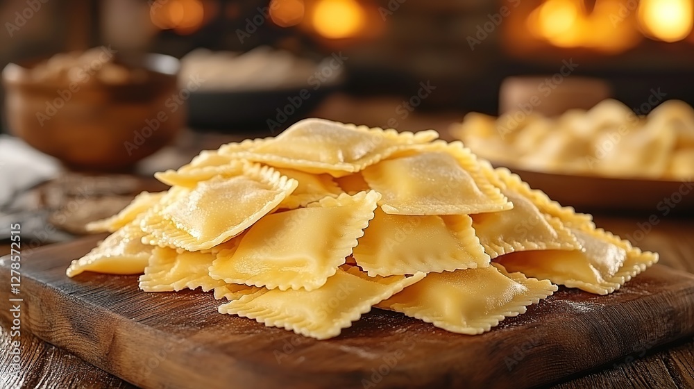 Homemade ravioli, fireside kitchen, wooden board, pasta preparation Homemade ravioli, fireside kitchen, wooden board, pasta preparation
