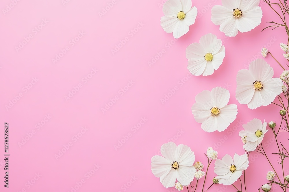 Delicate white cosmos flowers arranged on a pastel pink background Delicate white cosmos flowers arranged on a pastel pink background