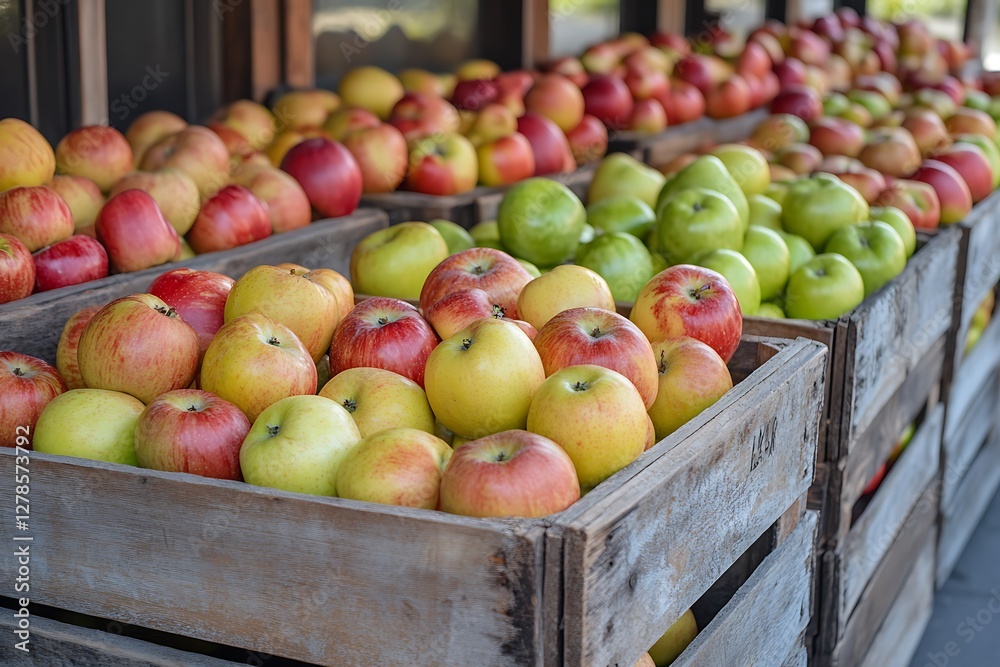 Apples in wooden crates, farm stand Apples in wooden crates, farm stand